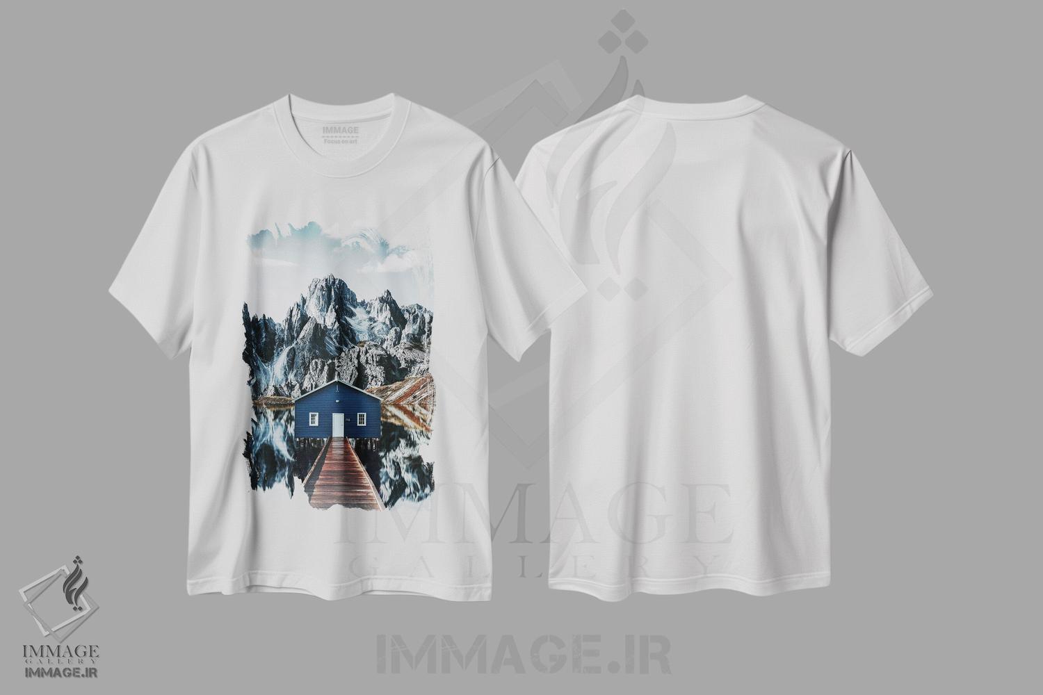 تیشرت طرح دار بازتاب کابین در کوه ها در آب، مدیوم اثر آدریان ویریو | فروشگاه ایماژ