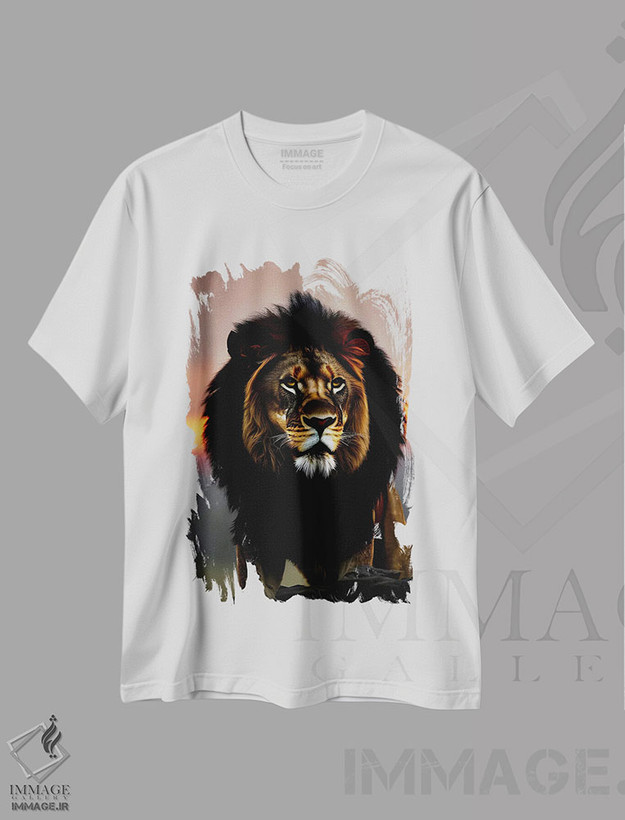 تیشرت طرح دار Animal,پرتره شیر در غروب خورشید، عکاسی ترکیبی اثر آدریان ویریو | فروشگاه ایماژ