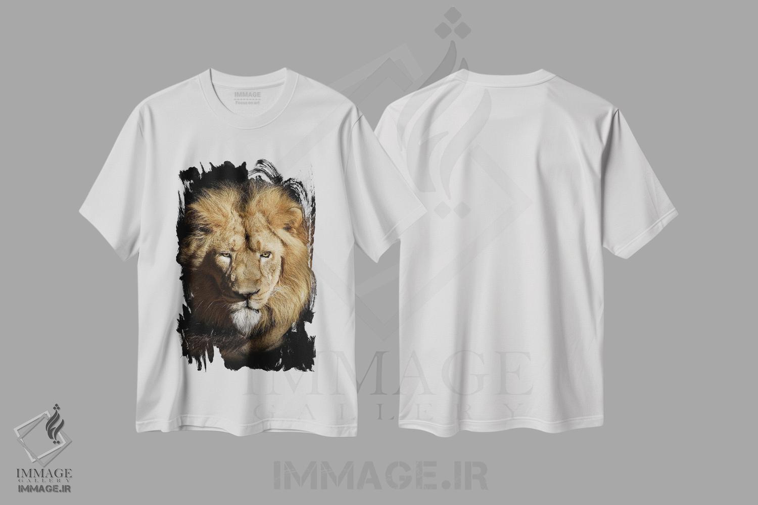 تیشرت طرح دار پرتره شیر به صورت جدا روی پس زمینه سیاه، مدیوم اثر آدریان ویریو | فروشگاه ایماژ