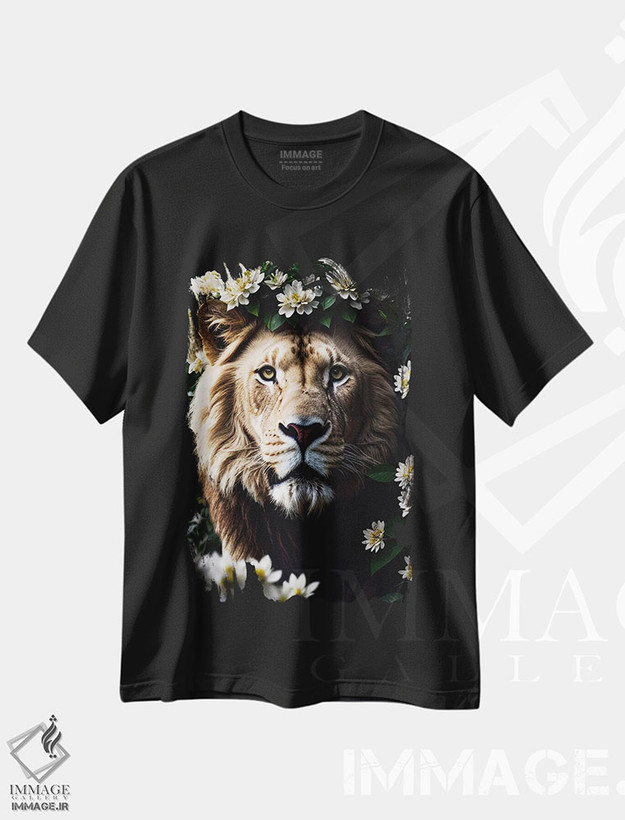 تیشرت طرح دار پرتره شیر سفید در میان گل ها، عکاسی ترکیبی اثر آدریان ویریو | فروشگاه ایماژ