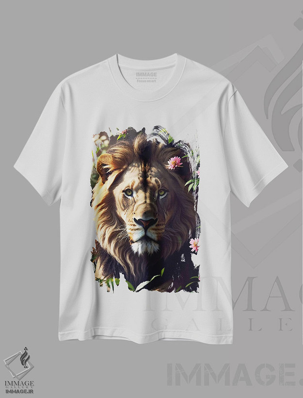 تیشرت طرح دار پرتره شیر سفید در میان گل ها، عکاسی ترکیبی اثر آدریان ویریو | فروشگاه ایماژ