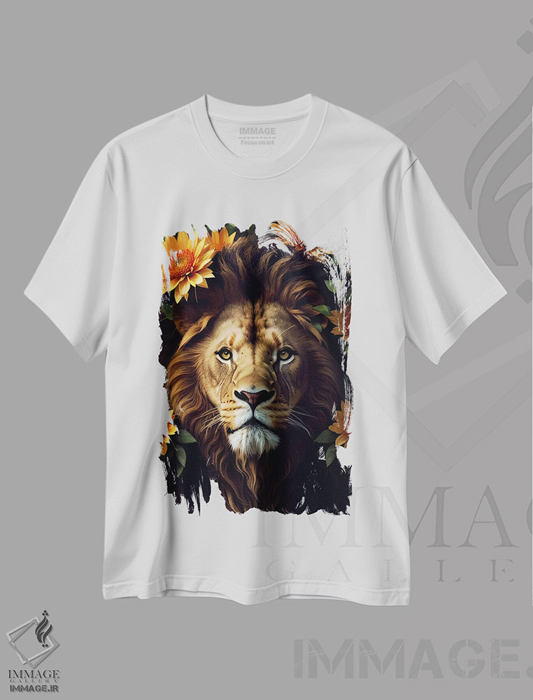 تیشرت طرح دار شیر در میان گل های زرد، عکاسی ترکیبی اثر آدریان ویریو | immage.ir