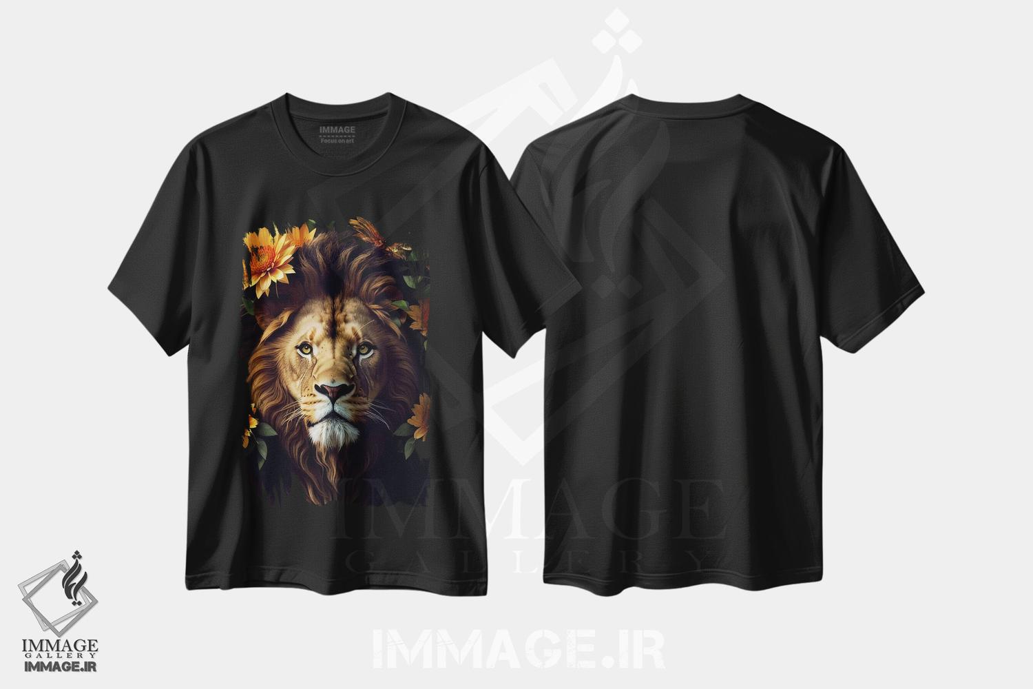 تیشرت طرح دار شیر در میان گل های زرد، عکاسی ترکیبی اثر آدریان ویریو | فروشگاه ایماژ