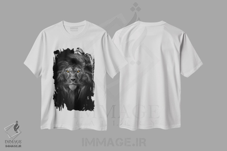 تیشرت طرح دار شیر با چشم های رنگی و یال کامل، عکاسی سیاه و سفید اثر آدریان ویریو | فروشگاه ایماژ