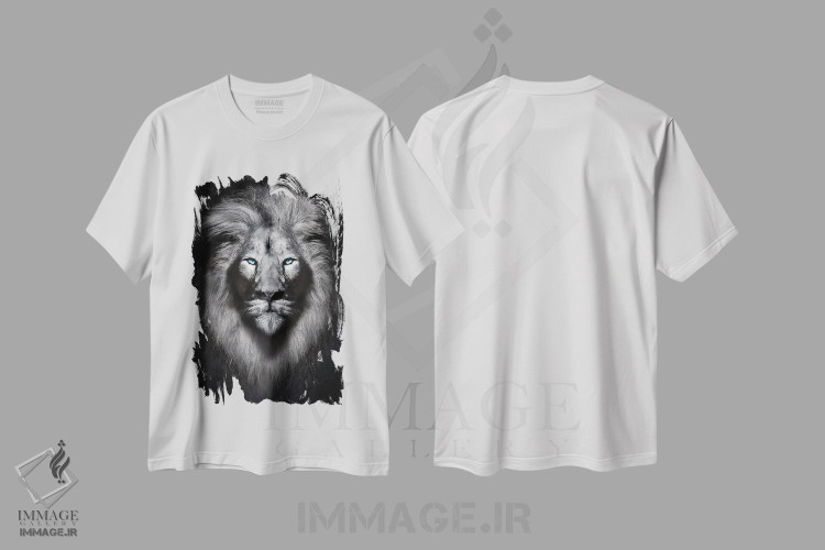 تیشرت طرح دار پرتره شیر سفید با چشم های آبی، عکاسی سیاه و سفید اثر آدریان ویریو | immage.ir