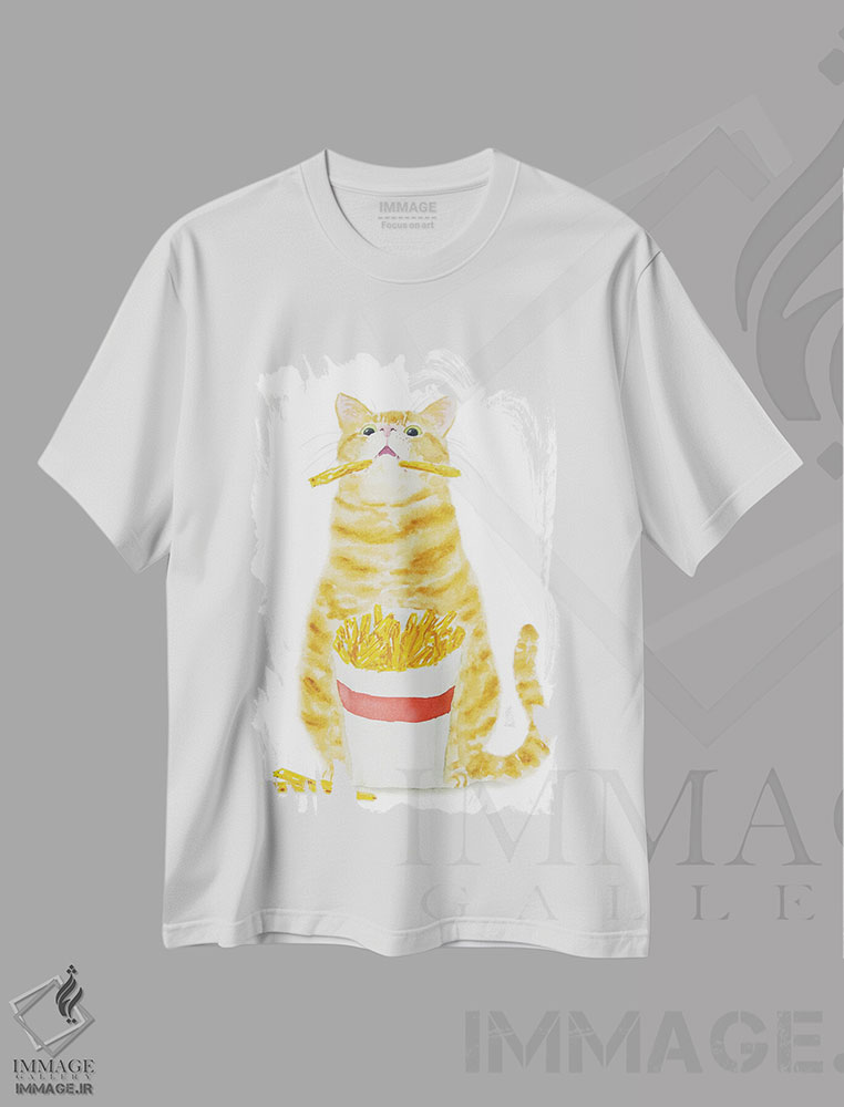 تیشرت طرح دار گربهٔ نارنجی راه راه و سیب زمینی سرخ کرده، مدیوم اثر آلکسی دیمیتریویچ شمیروف | فروشگاه ایماژ