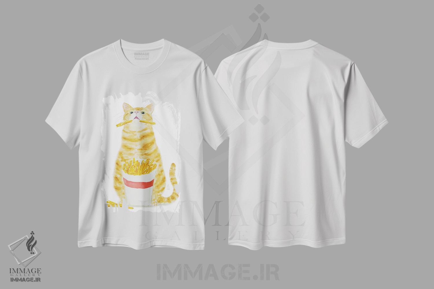 تیشرت طرح دار گربهٔ نارنجی راه راه و سیب زمینی سرخ کرده، مدیوم اثر آلکسی دیمیتریویچ شمیروف | فروشگاه ایماژ