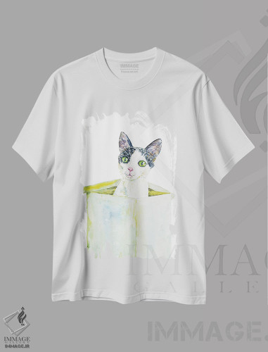 تیشرت طرح دار گربهٔ بامزه در جعبه، دکور معاصر اثر آلکسی دیمیتریویچ شمیروف | فروشگاه ایماژ