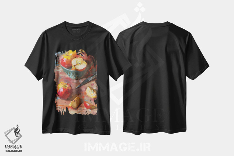 تیشرت طرح دار طبیعت بی جان سیب ها، هنر فاخر معاصر اثر الکس کلی | immage.ir