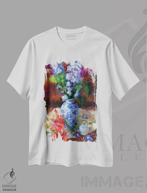 تیشرت طرح دار سوسن ها و دلفینیوم ها، هنر فاخر معاصر اثر الکس کلی | فروشگاه ایماژ