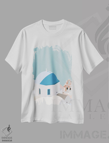 تیشرت طرح دار آبی سانتورینی، هنر دیجیتال اثر آمایا | فروشگاه ایماژ