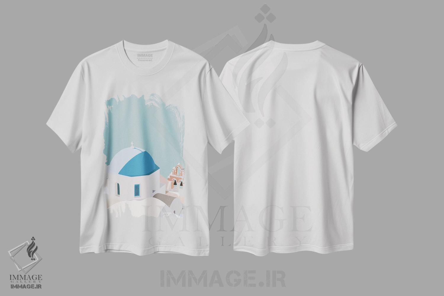 تیشرت طرح دار آبی سانتورینی، هنر دیجیتال اثر آمایا | فروشگاه ایماژ
