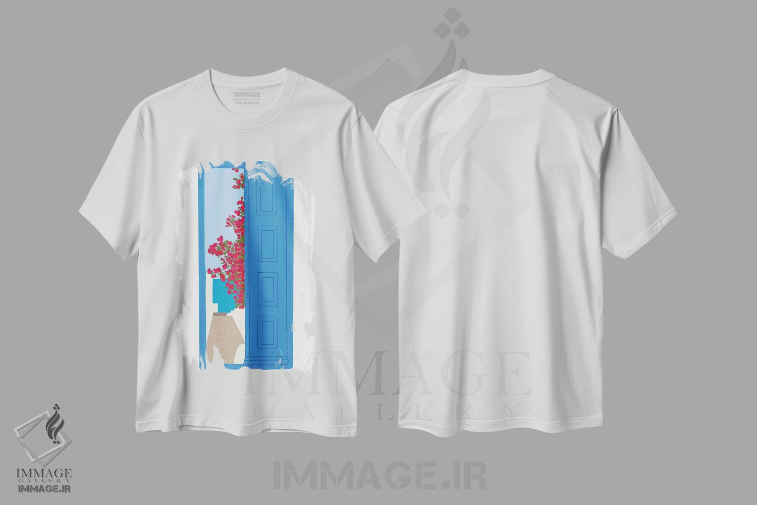 تیشرت طرح دار درِ آبی سانتورینی، تزئینی اثر آمایا | immage.ir