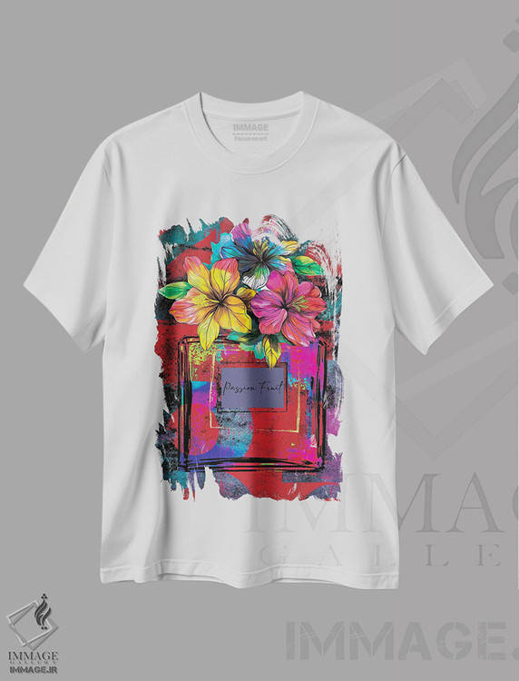 تیشرت طرح دار گرافیتی شیشه عطر میوه گل ساعتی، هنر دیجیتال اثر هنرِ چونی | immage.ir