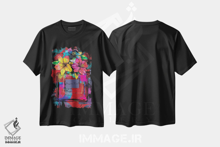 تیشرت طرح دار گرافیتی شیشه عطر میوه گل ساعتی، هنر دیجیتال اثر هنرِ چونی | فروشگاه ایماژ