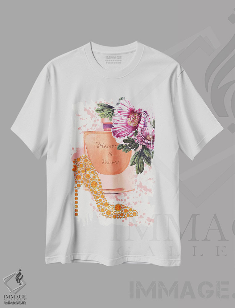 تیشرت طرح دار گل کفش الماس نارنجی، تزئینی اثر هنرِ چونی | فروشگاه ایماژ