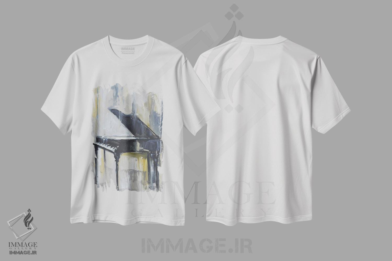 تیشرت طرح دار پیانو زرین یک، هنر فاخر معاصر اثر الین استیونز | فروشگاه ایماژ