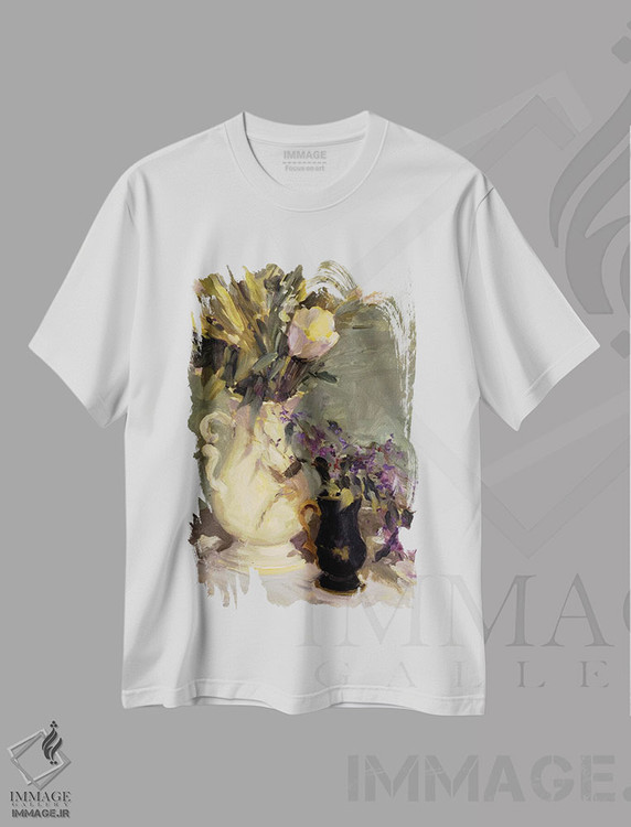 تیشرت طرح دار لاله و اسطوخودوس، هنر فاخر معاصر اثر الین استیونز | immage.ir