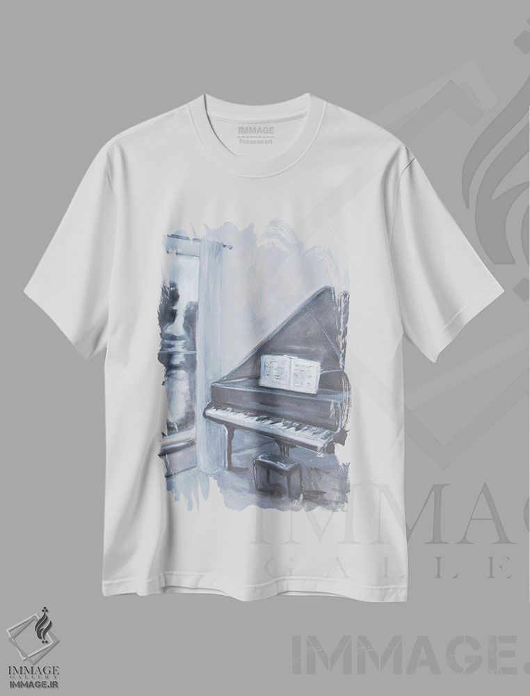تیشرت طرح دار پیانو با منظره، تزئینی اثر الین استیونز | فروشگاه ایماژ