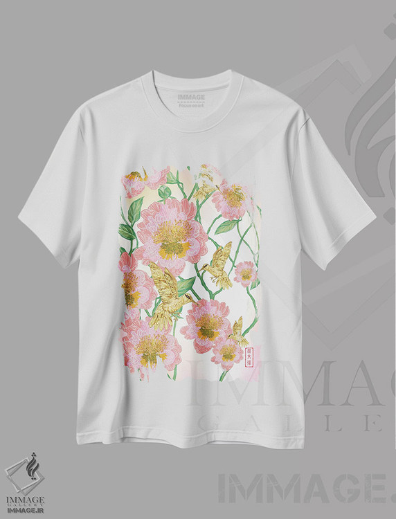 تیشرت طرح دار گل صدتومانی و مرغ های مگس خوار طلایی، دکور آسیایی اثر آنتونی ون لم | فروشگاه ایماژ
