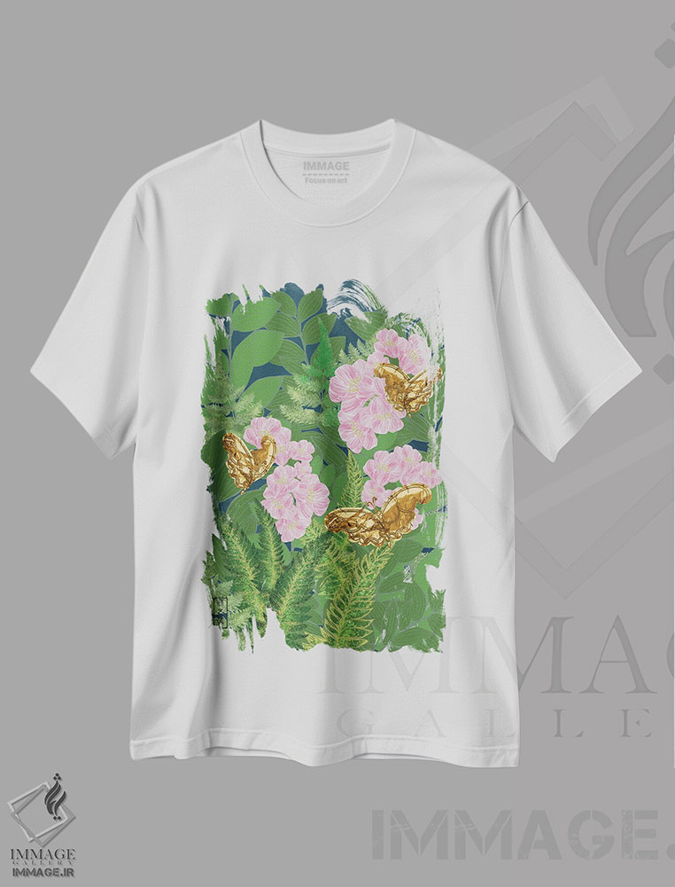 تیشرت طرح دار پروانه های طلایی چرخان، دکور آسیایی اثر آنتونی ون لم | فروشگاه ایماژ