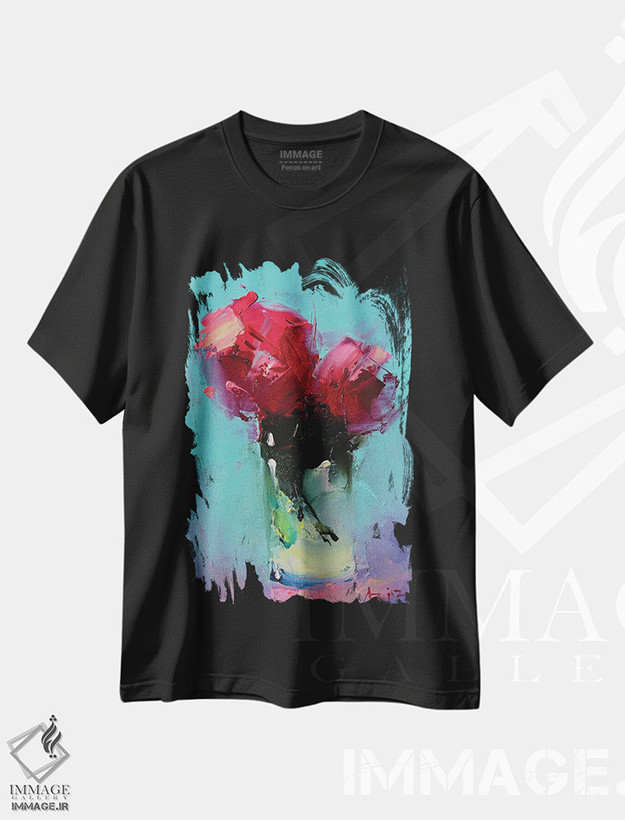 تیشرت طرح دار رزهای قرمز در یک لیوان، دکور معاصر اثر عزیز سلیمان اف | فروشگاه ایماژ