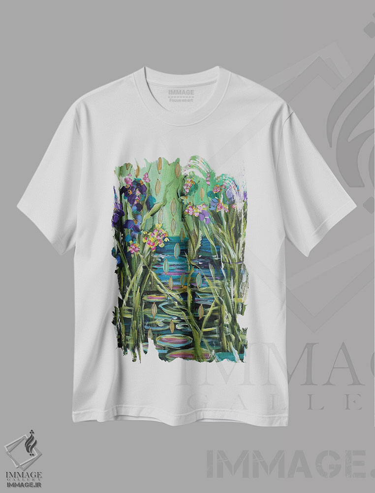 تیشرت طرح دار نیلوفرهای آبی ذن، دکور معاصر اثر برندا بوش | فروشگاه ایماژ