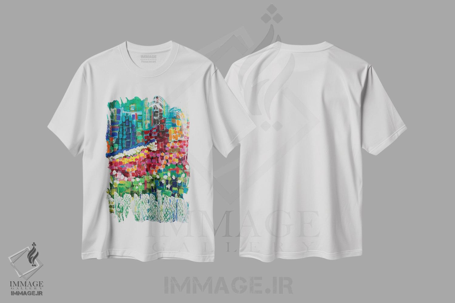 تیشرت طرح دار گل ها در شهر، آبستره اثر برندا بوش | فروشگاه ایماژ