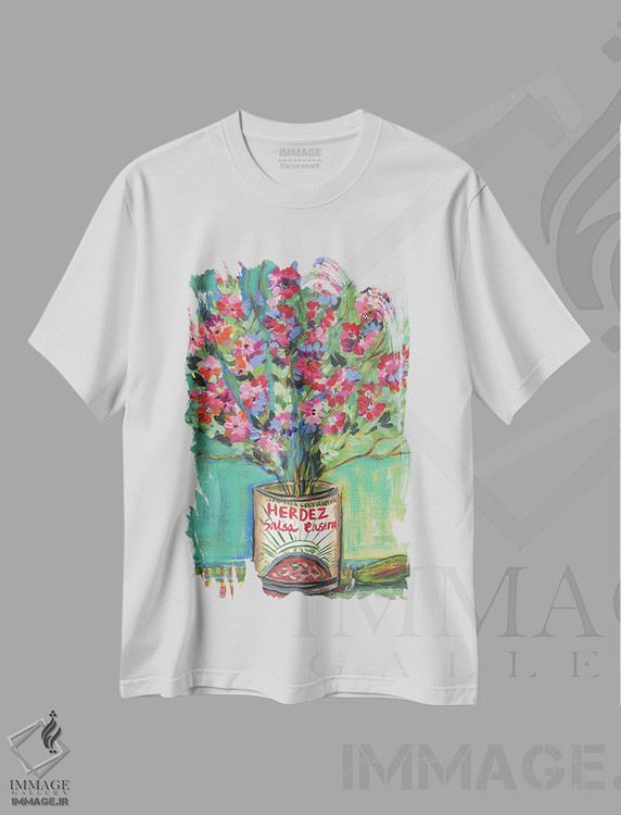 تیشرت طرح دار بوگنویلیا در قوطی سالسا، تزئینی اثر برندا بوش | فروشگاه ایماژ