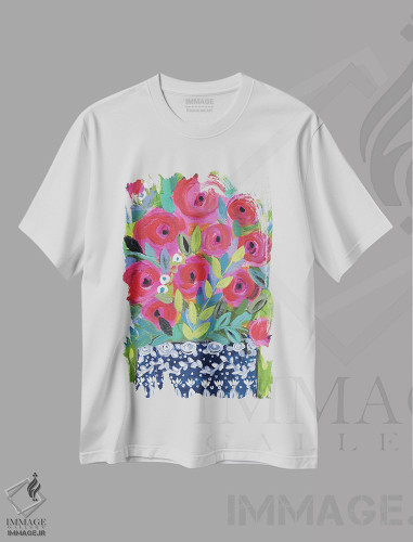 تیشرت طرح دار قطرات باران روی گل های رز، تزئینی اثر برندا بوش | فروشگاه ایماژ
