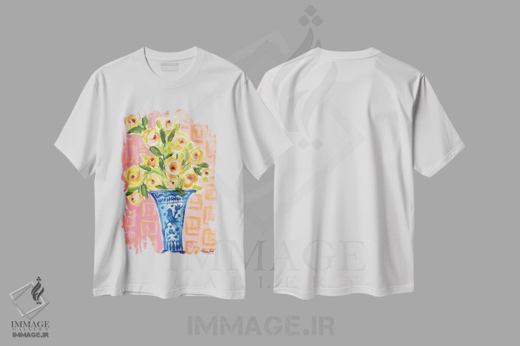 تیشرت طرح دار گلدان پرندهٔ آبی، شینوازری اثر برندا بوش | immage.ir