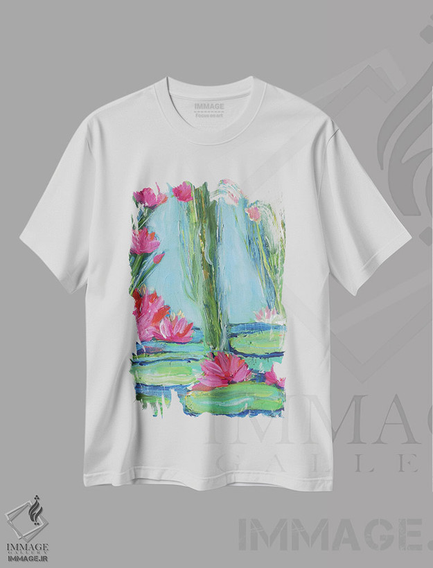 تیشرت طرح دار بهشت نیلوفرهای آبی، دکور معاصر اثر برندا بوش | فروشگاه ایماژ