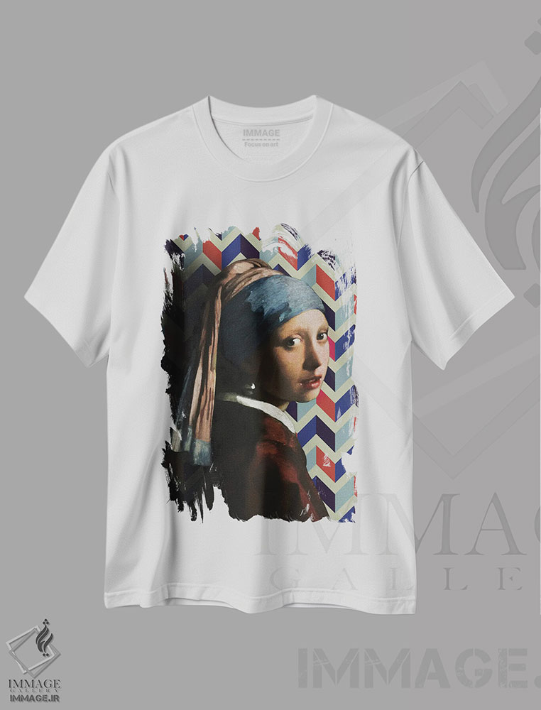 تیشرت طرح دار کلاژ دختر با گوشواره مروارید، تزئینی اثر بونا فیدسا | فروشگاه ایماژ