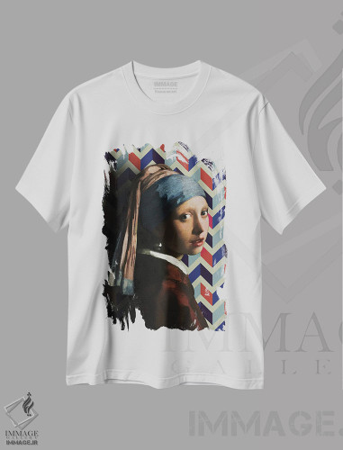 تیشرت طرح دار کلاژ دختر با گوشواره مروارید، تزئینی اثر بونا فیدسا | فروشگاه ایماژ