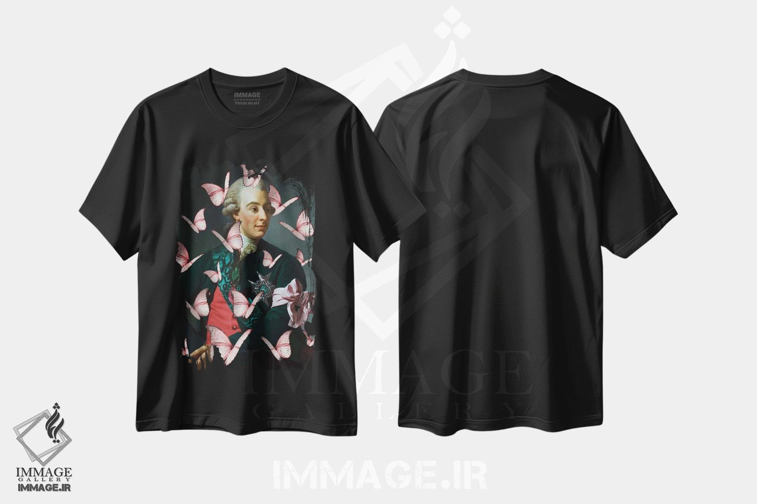 تیشرت طرح دار کلاژ پروانه پرتره نجیب زاده XX، تزئینی اثر بونا فیدسا | فروشگاه ایماژ