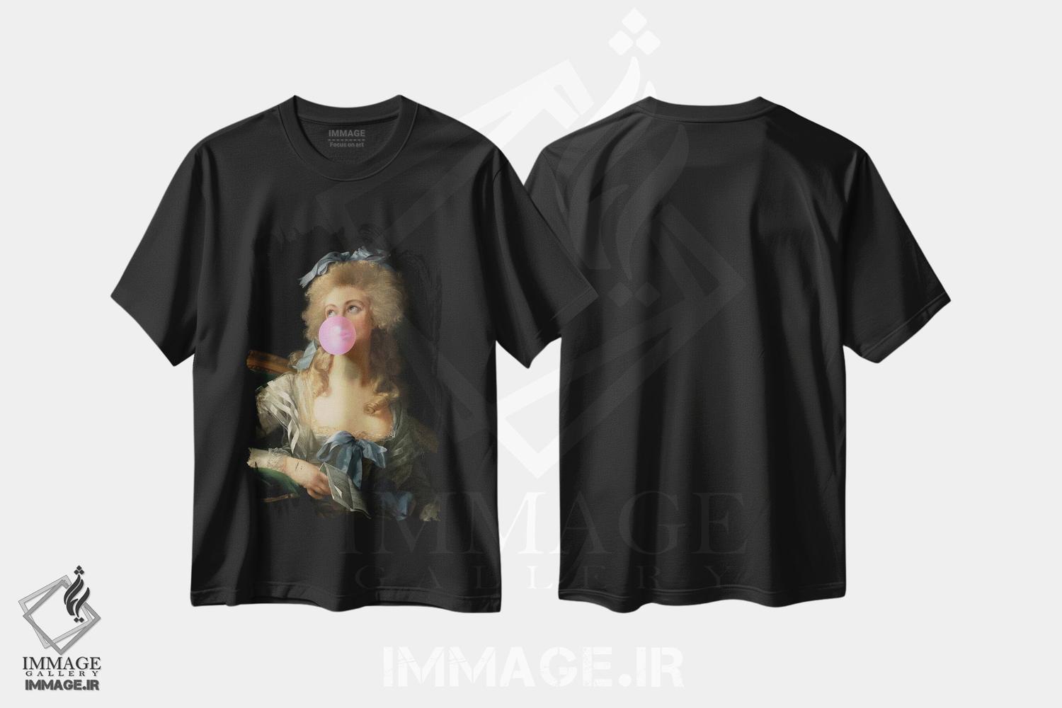 تیشرت طرح دار پرترهٔ زن آدامس بادکنکی، هنر دیجیتال اثر بونا فیدسا | فروشگاه ایماژ