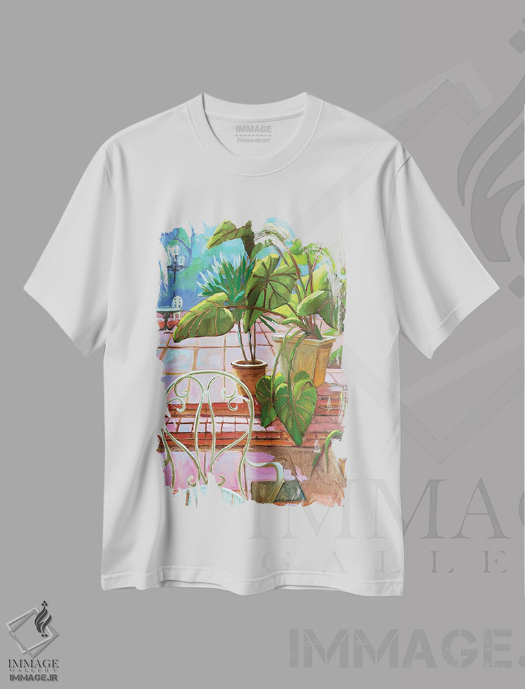 تیشرت طرح دار Pink Floor,برگ های نخل، کف صورتی، دکور معاصر اثر آنا بوگوشفسکایا | immage.ir