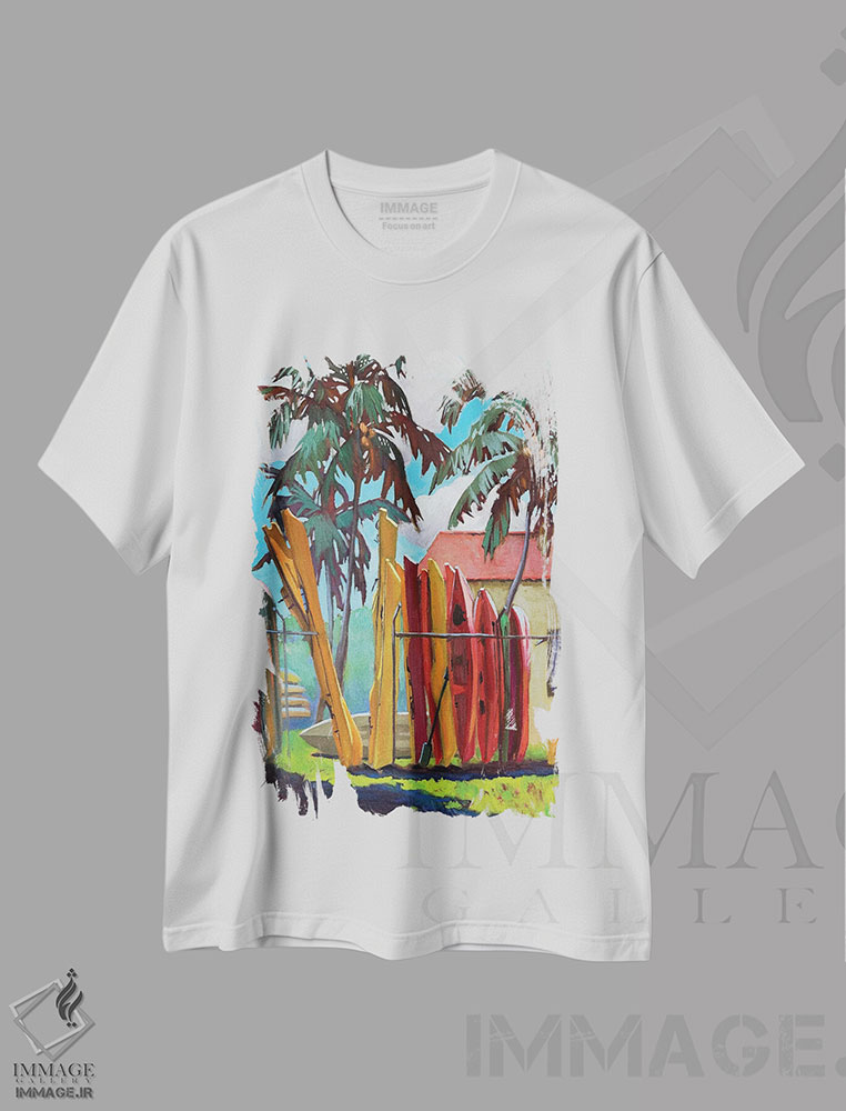 تیشرت طرح دار کایاک های رنگارنگ، دکور ساحلی اثر آنا بوگوشفسکایا | فروشگاه ایماژ