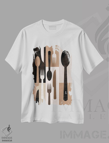 تیشرت طرح دار قاشق و چنگال مدرن، هنر تزئینی سیاه و سفید اثر بث بوردلون | فروشگاه ایماژ
