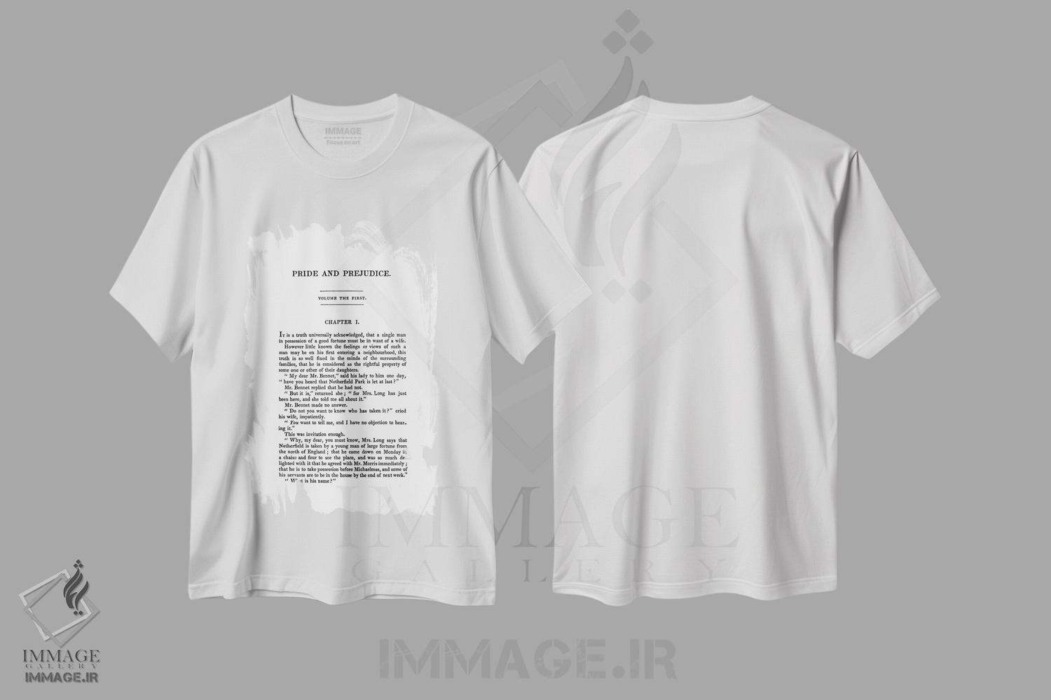 تیشرت طرح دار صفحه کتاب غرور و تعصب اثر جین آستن، هنر دیجیتال اثر بیبلیوتوگرافی | immage.ir