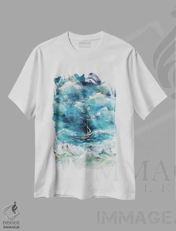 تیشرت طرح دار قایق در طوفان، عیسی آرام کنندهٔ دریا، آبستره اثر آنجلا بیسون | immage.ir