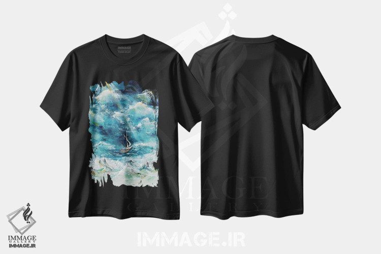 تیشرت طرح دار قایق در طوفان، عیسی آرام کنندهٔ دریا، آبستره اثر آنجلا بیسون | فروشگاه ایماژ
