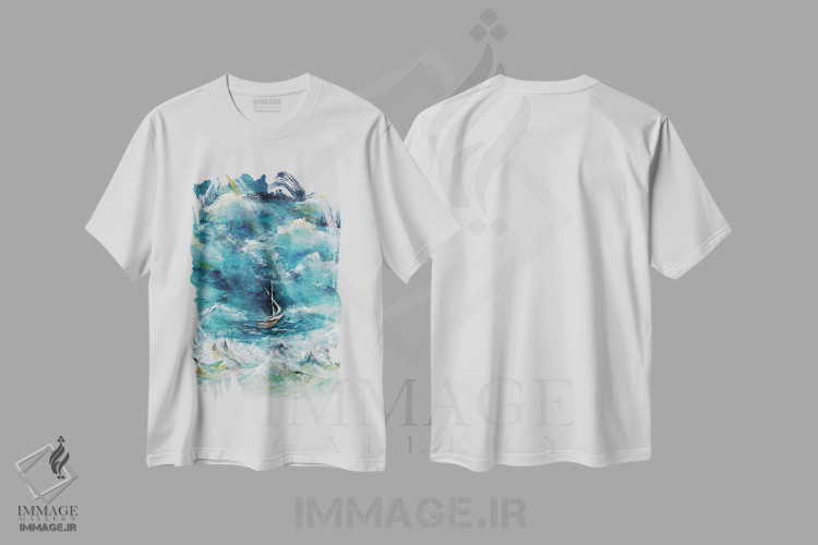 تیشرت طرح دار قایق در طوفان، عیسی آرام کنندهٔ دریا، آبستره اثر آنجلا بیسون | immage.ir