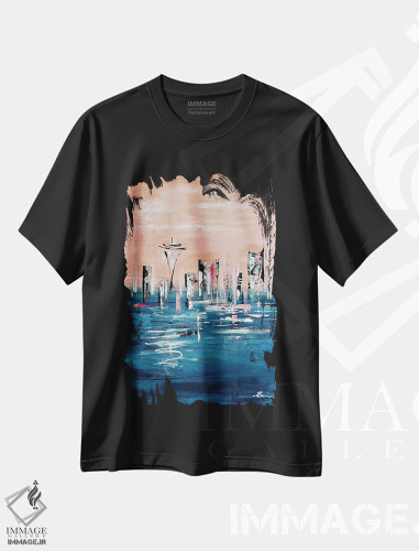 تیشرت طرح دار افق سیاتل میانه قرن رزگلد صورتی، دکور معاصر اثر آنجلا بیسون | فروشگاه ایماژ