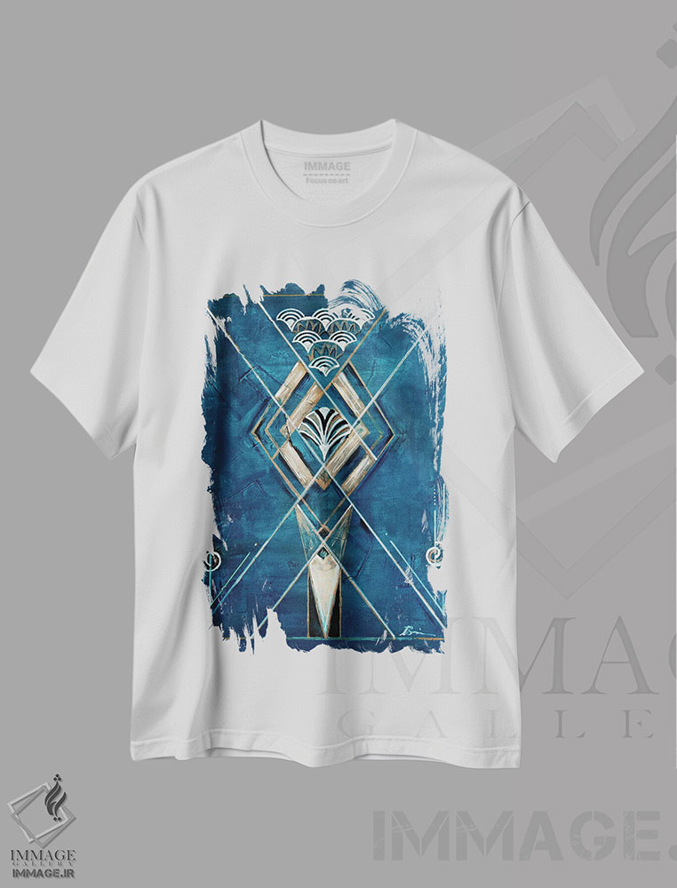 تیشرت طرح دار ماه تاب دکو هنری هندسی آبی طلایی I اثر آنجلا بیسون | فروشگاه ایماژ