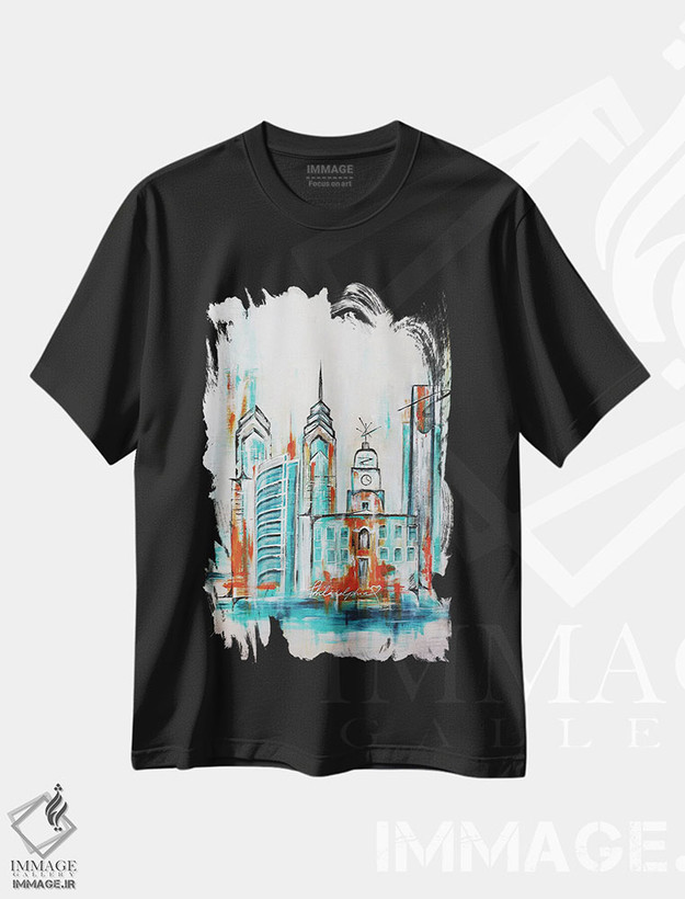تیشرت طرح دار افق فیلادلفیا میانه قرن آبی تیره و نارنجی، دکور معاصر اثر آنجلا بیسون | فروشگاه ایماژ
