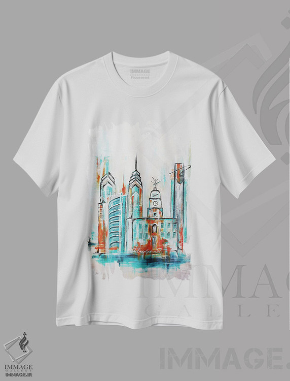 تیشرت طرح دار افق فیلادلفیا میانه قرن آبی تیره و نارنجی، دکور معاصر اثر آنجلا بیسون | immage.ir
