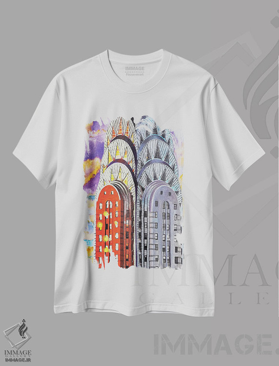 تیشرت طرح دار ساختمان کرایسلر رو به خورشید، آرت دکو اثر بی کِی آرتکت | immage.ir