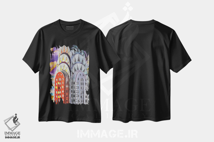 تیشرت طرح دار ساختمان کرایسلر رو به خورشید، آرت دکو اثر بی کِی آرتکت | فروشگاه ایماژ