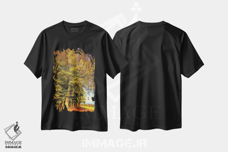 تیشرت طرح دار منظرهٔ پاییزی، مدیوم اثر بلی | فروشگاه ایماژ
